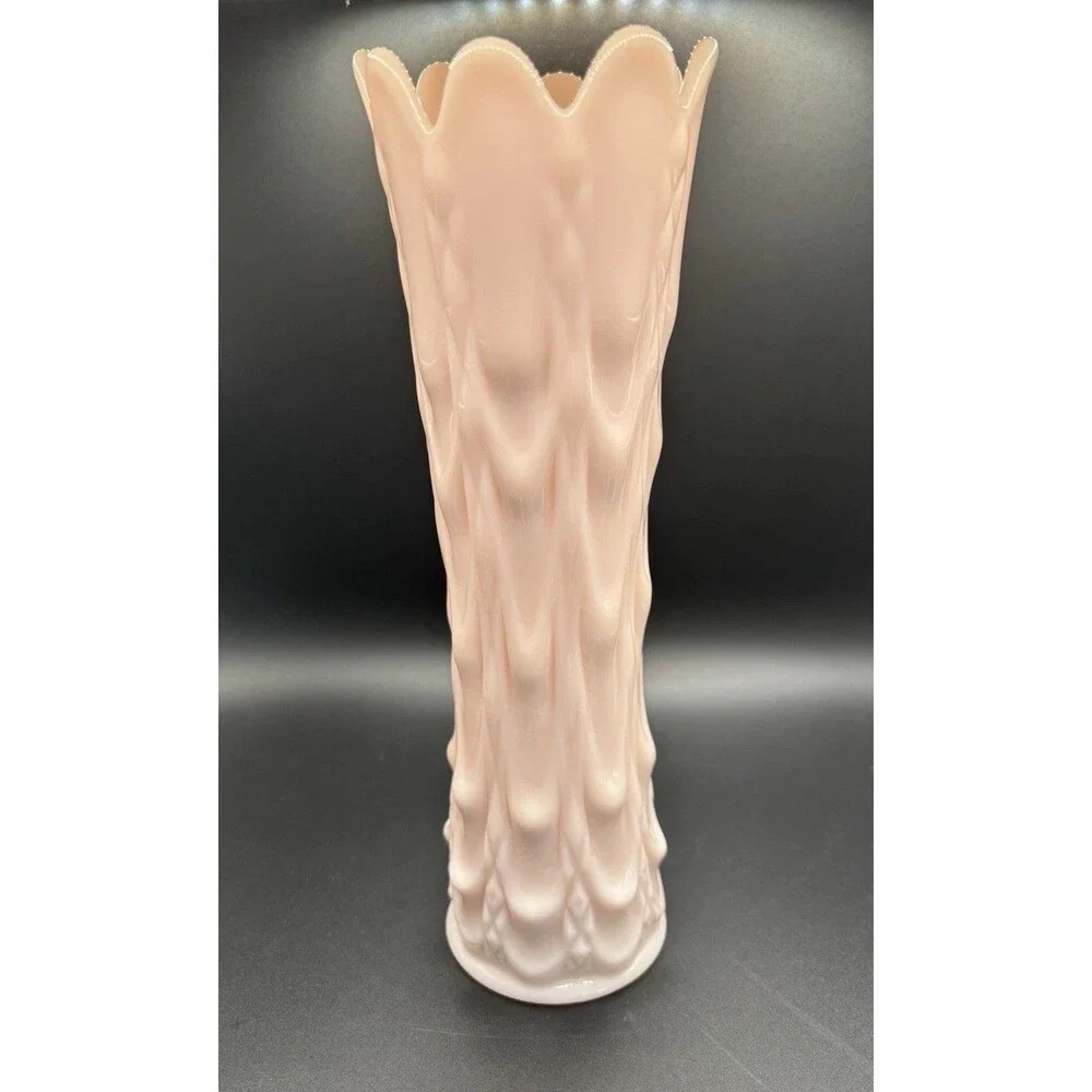 MCM Rare 1950's Fostoria 9.5” Tall FRISCO Peach Light Pink Milk Glass Swung Vase